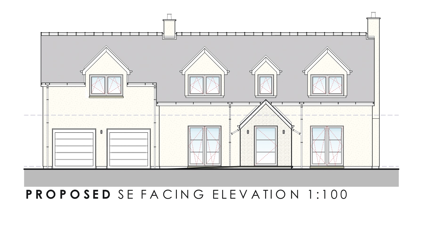 Architect's drawing of the proposed south-east elevation of the Auckengill house, showing four dormer windows, a gabled porch and a double garage