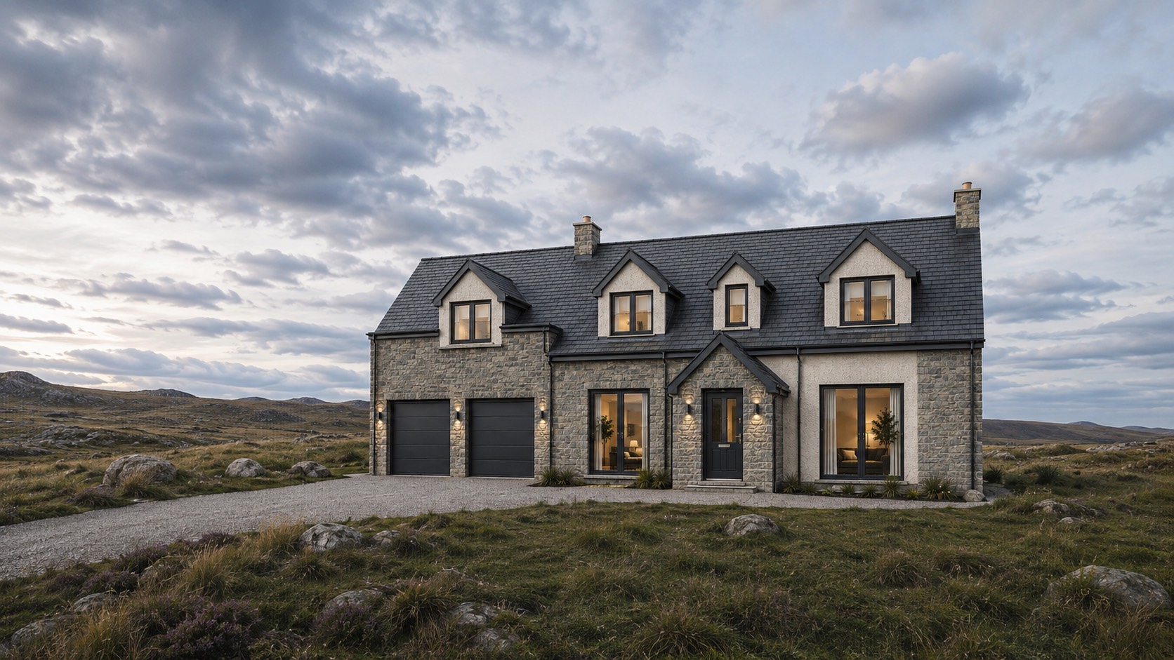 Render of the Auckengill house: a stone and harled home with four dormers, a slate roof and a double garage, standing in open moorland
